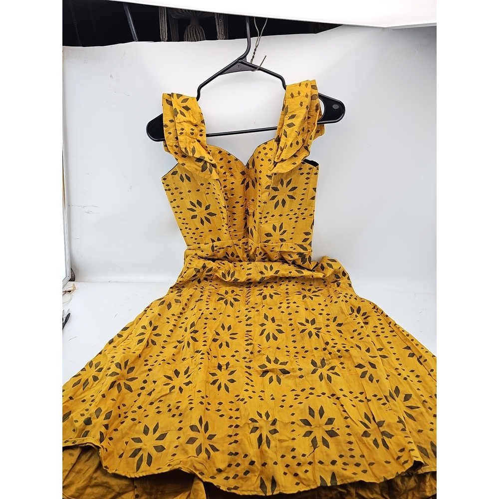 Yellow Geometric Print Ruffle Strap Top Handmade Vintage